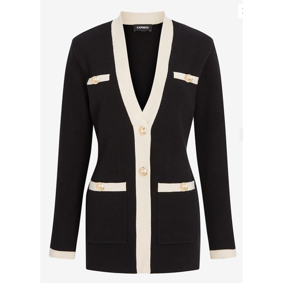 Women's EXPRESS Black & White Cardigan Sweater Gold Buttons Medium - Picture 2 of 12